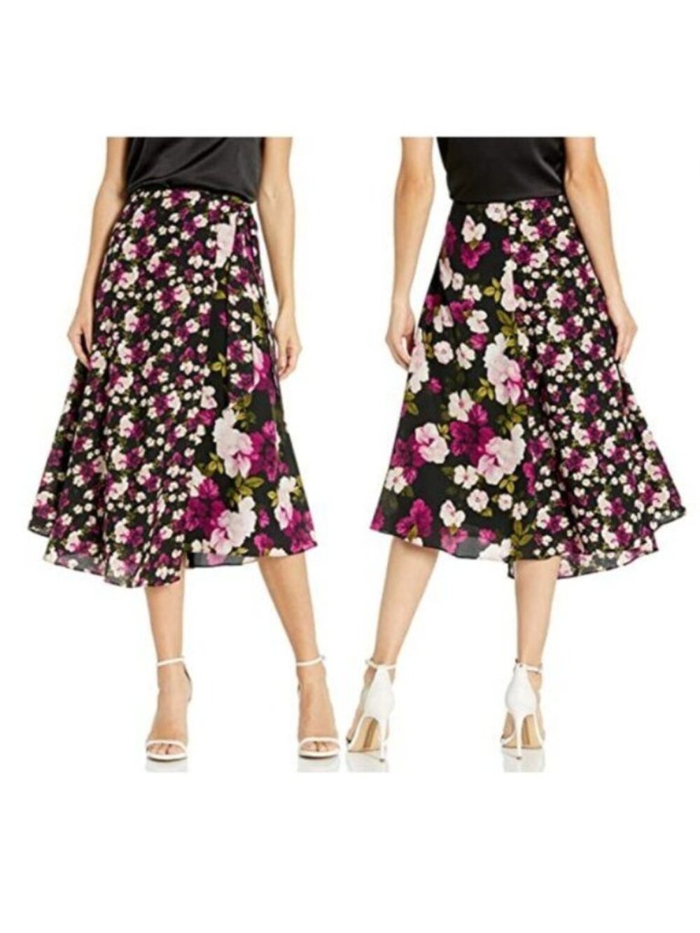 ✨Calvin Klein Size 10 Women's Midi Skirt Faux Wrap Floral Black Pink A-Line New✨